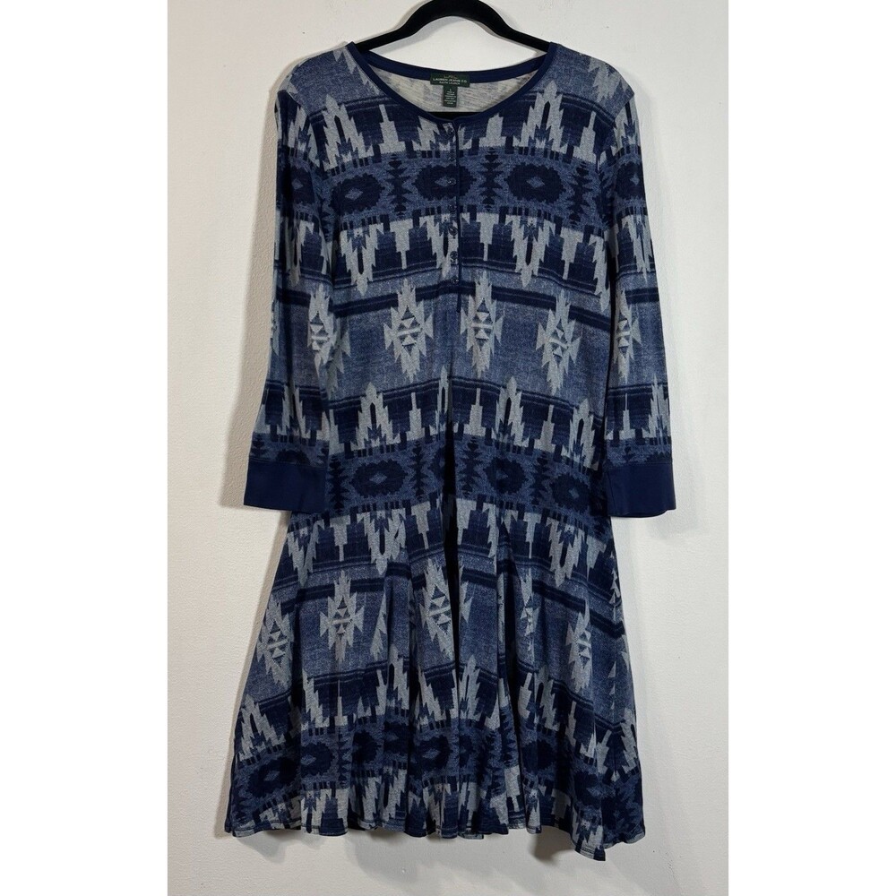 Lauren Ralph Lauren Aztec Print Geometric Knit Henley Dress Size Large Blue